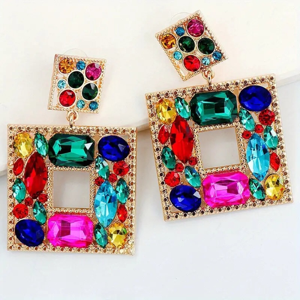 Oversized Multi Color Rhinestone Square Dangle Colorful Earrings - Picture 2 of 4